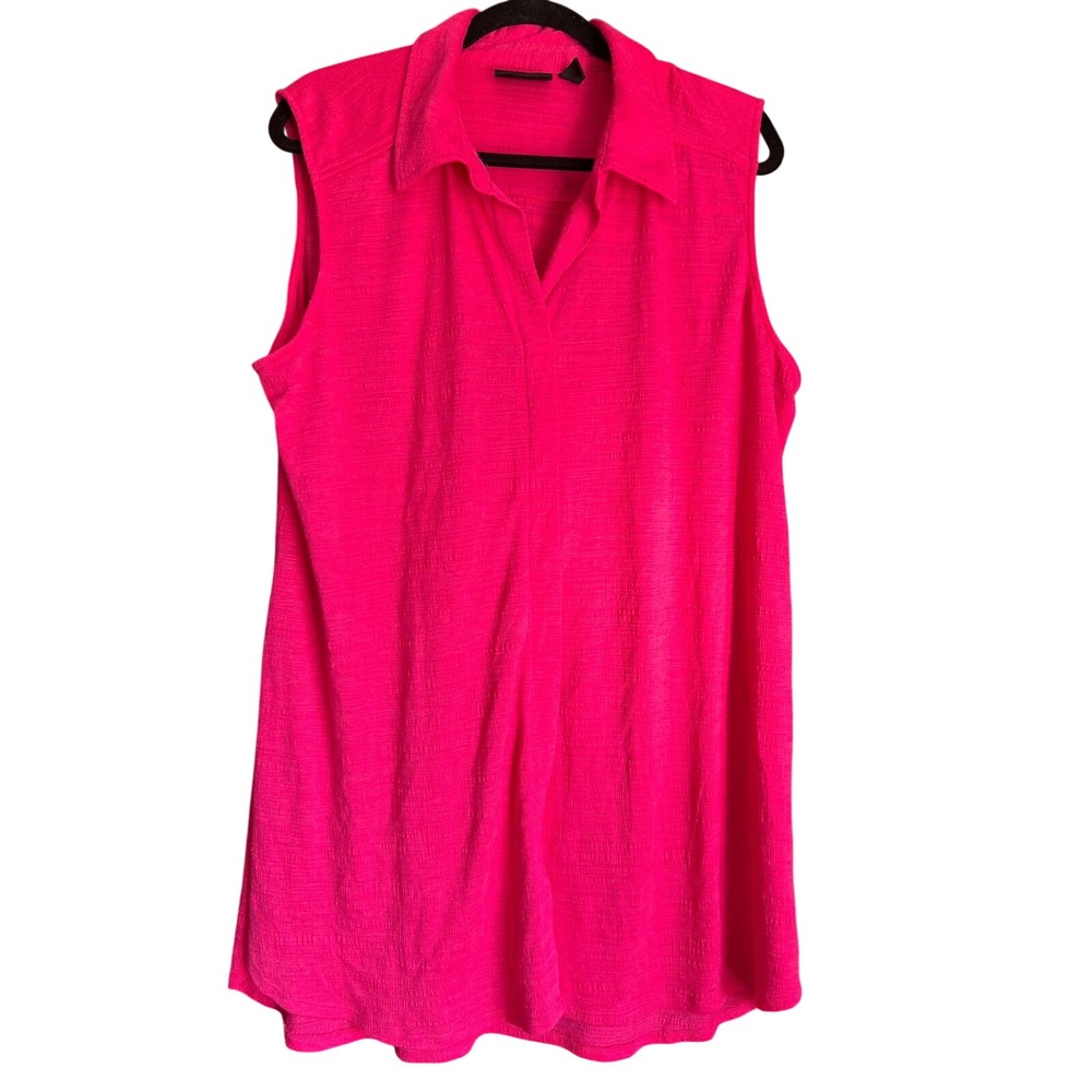 Sleeveless Collared Tunic Top Bright Pink Womens 1XP, Petite, V Neck, Barbiecore